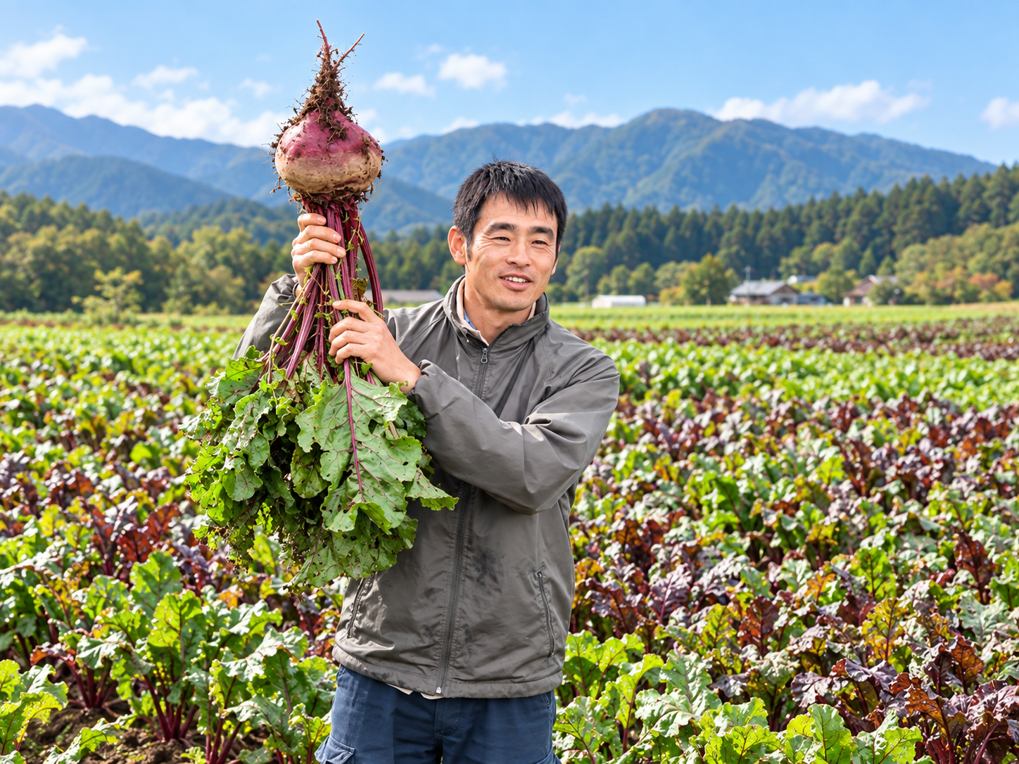 長野のビーツ畑で収穫したビーツを持つ生産者
